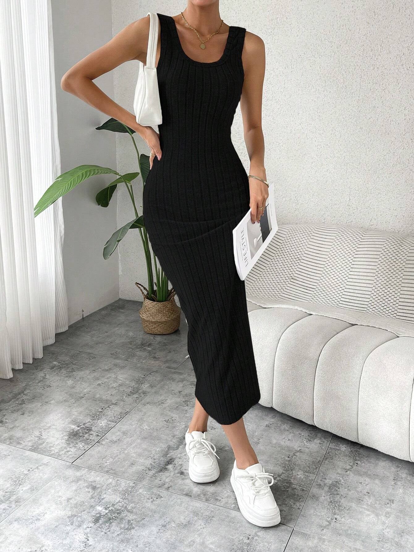 "Chic & Comfortable SHEIN VCAY Solid Ribbed Knit Tank Dress - Perfect for Any Occasion!"