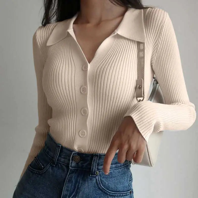 "Chic Women's Slimming V-Neck Knit Cardigan with Hollow Button Detail - Stylish Long Sleeve POLO Sweater"