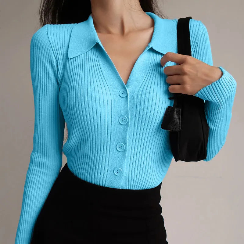 "Chic Women's Slimming V-Neck Knit Cardigan with Hollow Button Detail - Stylish Long Sleeve POLO Sweater"