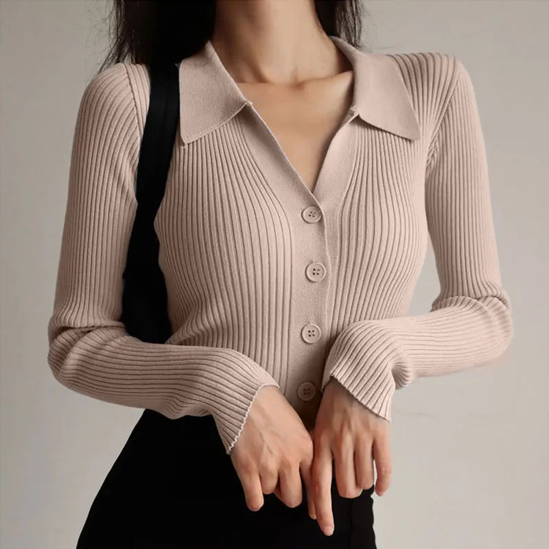 "Chic Women's Slimming V-Neck Knit Cardigan with Hollow Button Detail - Stylish Long Sleeve POLO Sweater"