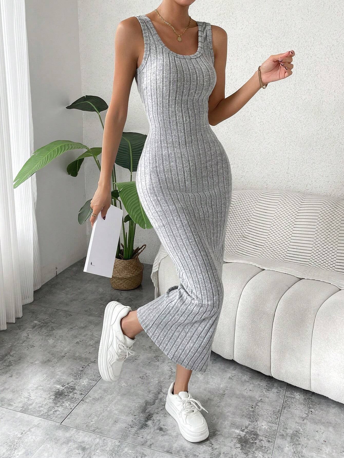 "Chic & Comfortable SHEIN VCAY Solid Ribbed Knit Tank Dress - Perfect for Any Occasion!"